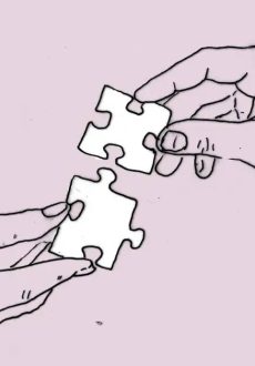 Grafika przedstawia narysowane cienką kreską dwie dłonie trzymające po jednym kawałku puzzla. Puzzle są przedstawione w taki sposób, że niemal się łączą.