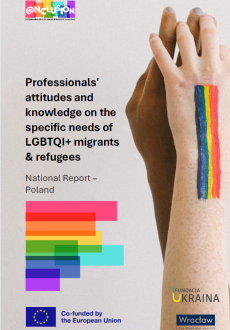 Grafika okładkowa przedstawia dwie splecione ze sobą dłonie po prawej stronie grafiki, wzdłuż jednej dłoni namalonawa jest tęczowa flaga. Po lewej stronie grafiki znajdują się loga projektu, tytuł publikacji.