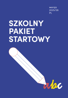 Okładka Szkolnego Pakietu Startowego w języku polskim. grafika przedstawia grafikę ołówka przy literach abc w różnych kolorach.