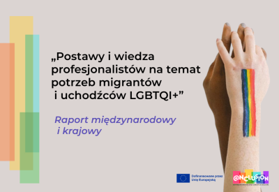 grafika przedstawia napis - tytuł raportu międzynarodowego i krajowego, po praej stronie obrazka znajduje się zdjęcie dwóch splecownych dłoni. Na przegubie jednej znajduje się tęczowa flaga