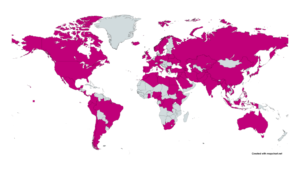 Grafika przedstawiająca mapę świata z zaznaczonymi krajami, których obywatele korzystali ze wsparcia punktu WroMigrant w 2025 roku