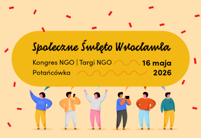 Grafika ilustracyjna Społecznego Święta Wrocławia. Sylwetki 6 osób, połączone wspólnym dymkiem z nazwą wydarzenia. Wokół elementy dekoracyjne.