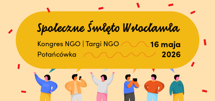 Grafika ilustracyjna Społecznego Święta Wrocławia. Sylwetki 6 osób, połączone wspólnym dymkiem z nazwą wydarzenia. Wokół elementy dekoracyjne.